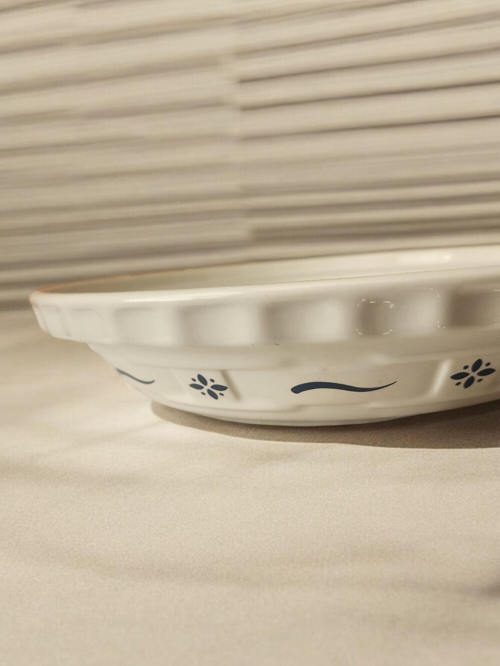 Longaberger White Ceramic 10" Pie Plate with Blue Floral Motif